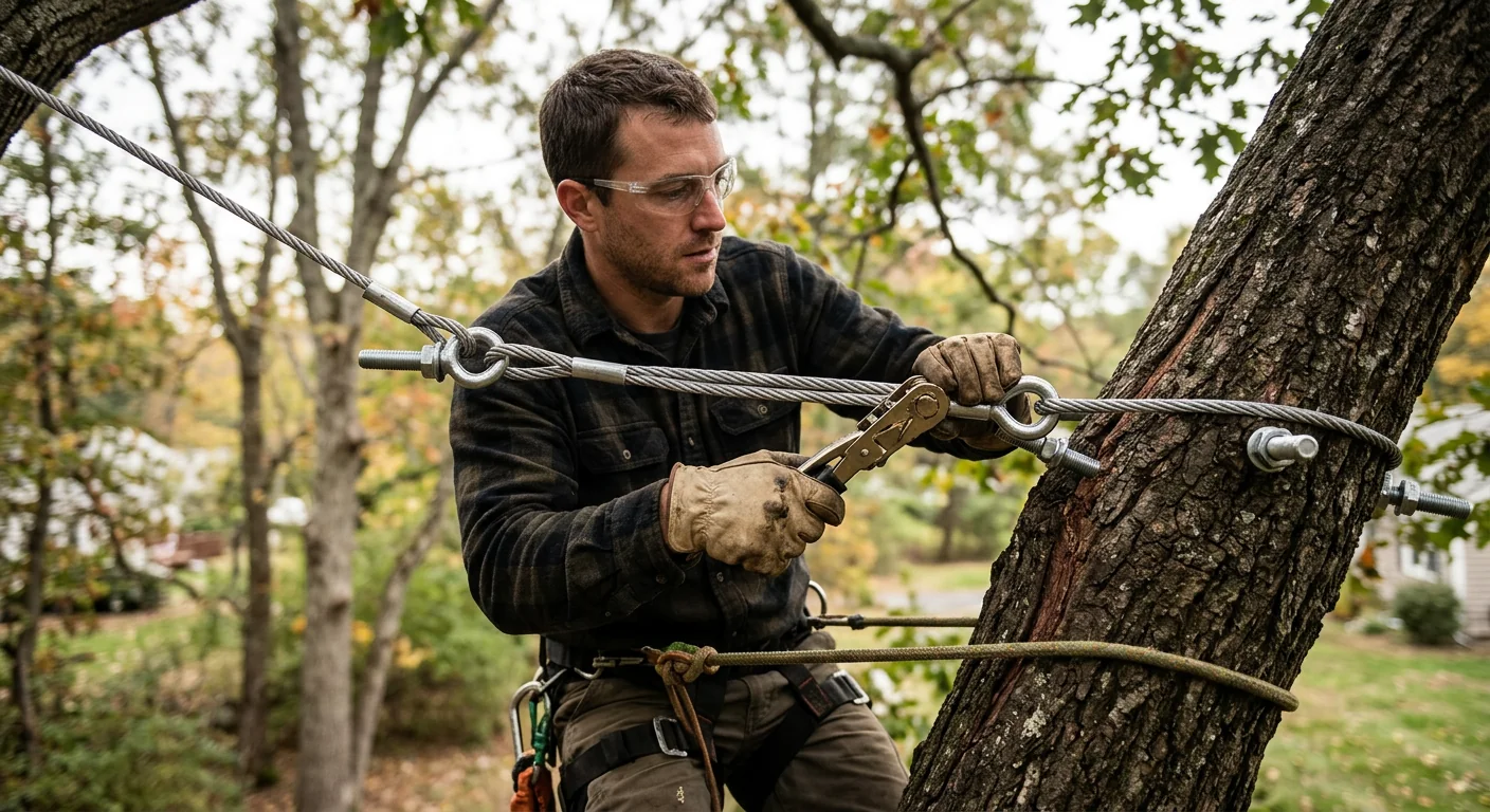 Detail view of tensioned cable hardware reinforcing a weak tree union