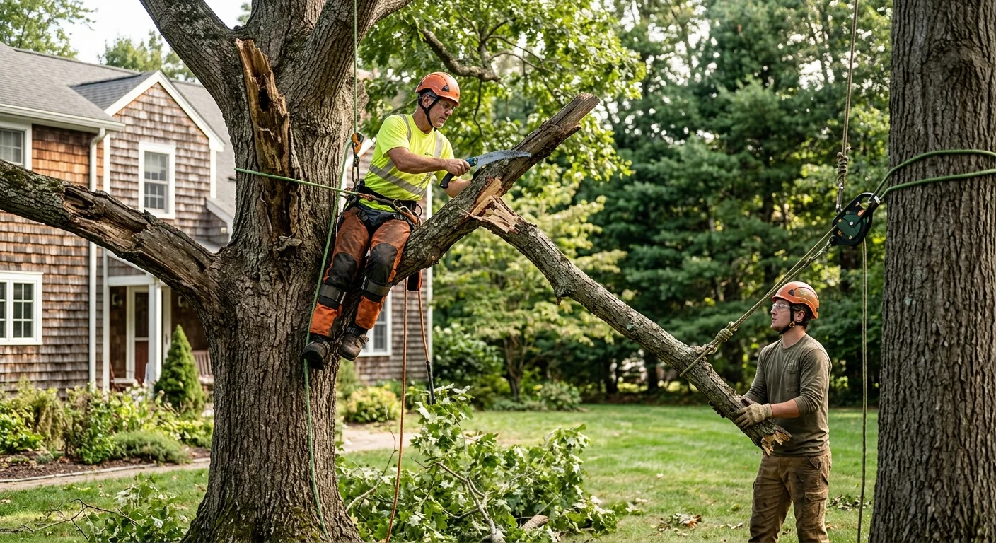 Arborist inspecting a mature backyard tree in Cheshire