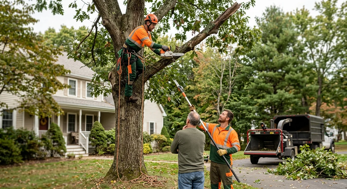 Arborist inspecting a healthy restored tree canopy on a Cheshire property