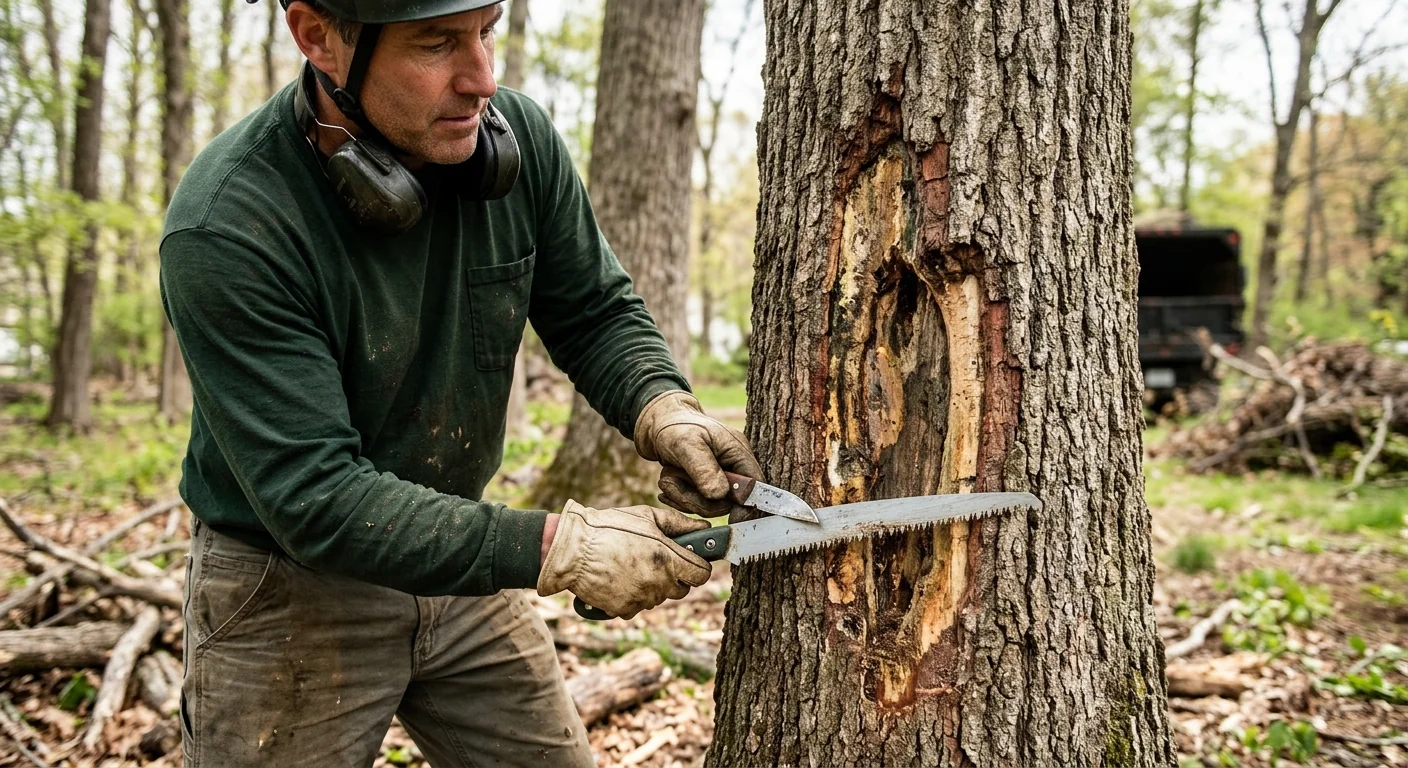 Close view of trunk canker and bark damage on a stressed tree