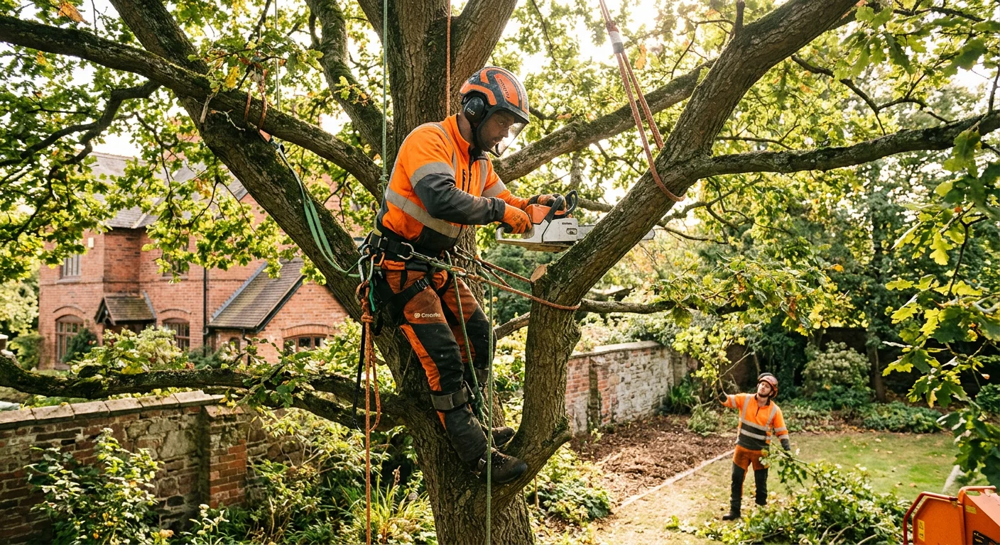 Arborist thinning the crown of a large oak in a Cheshire yard