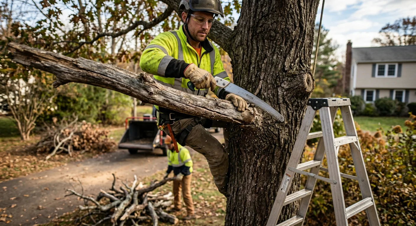 Close-up of deadwood being pruned from a mature backyard tree
