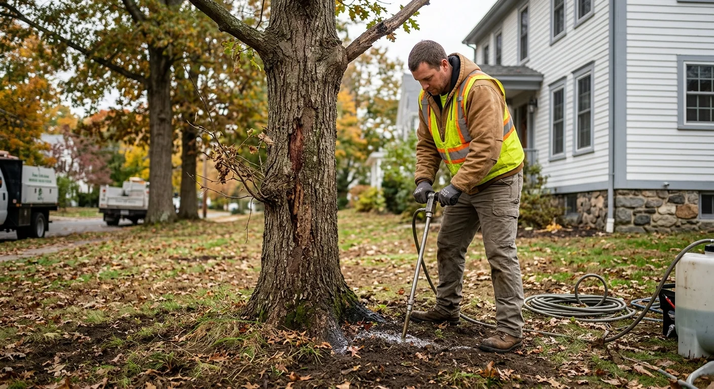 Deep-root fertilization probe injecting nutrients around a tree base