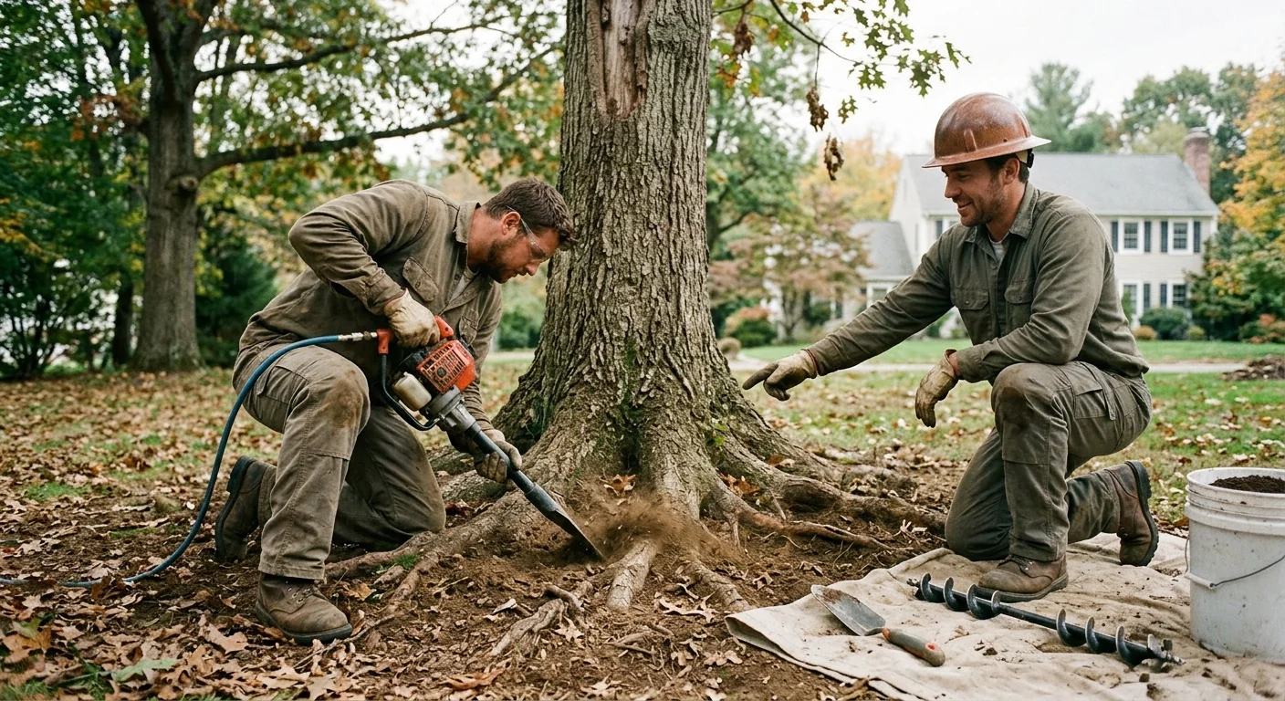Soil aeration work around exposed roots of a stressed tree