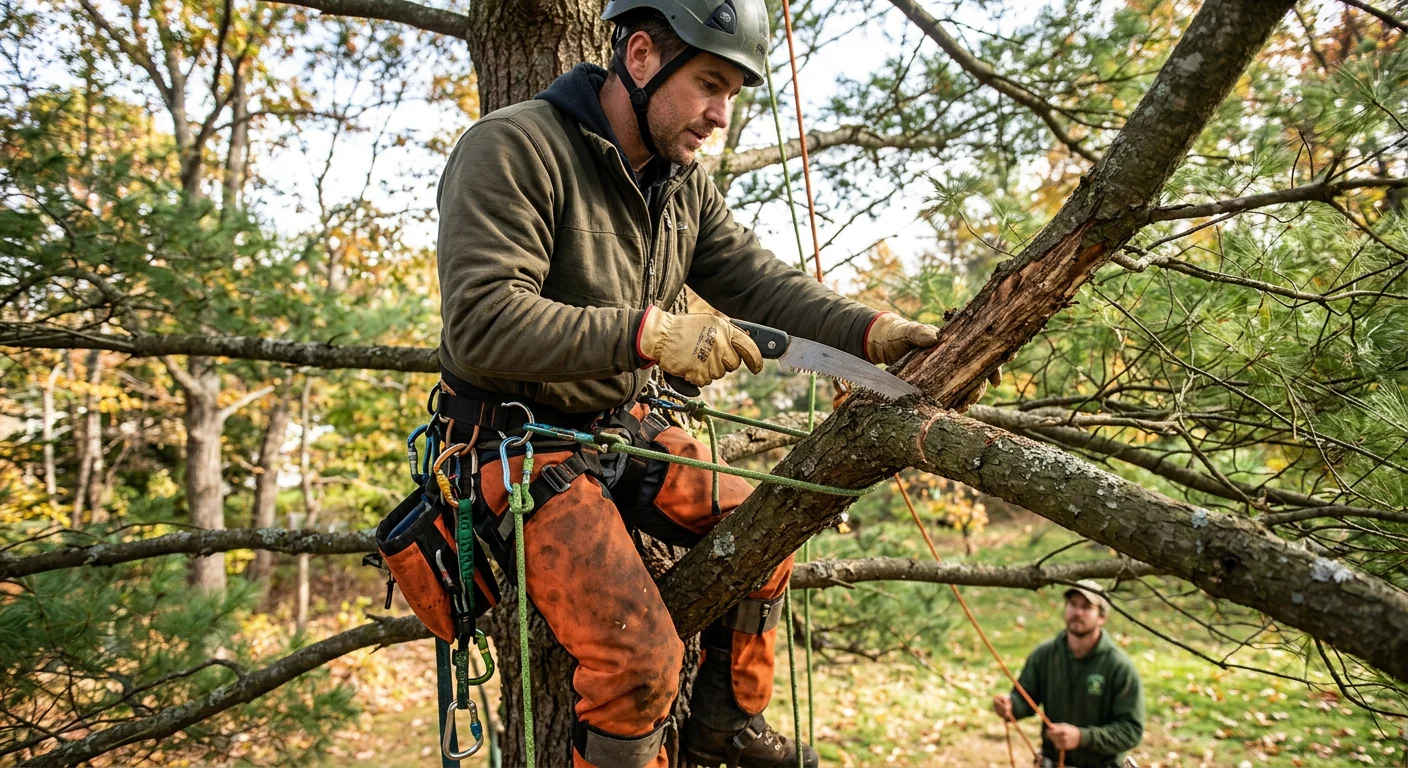 Climber inspecting upper limbs for decay on a tall pine