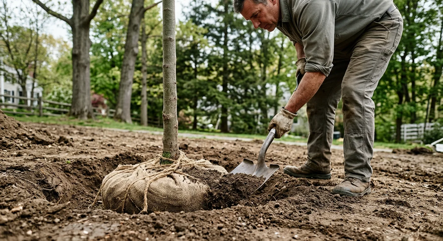 Close-up of a freshly set root ball being backfilled in Cheshire soil