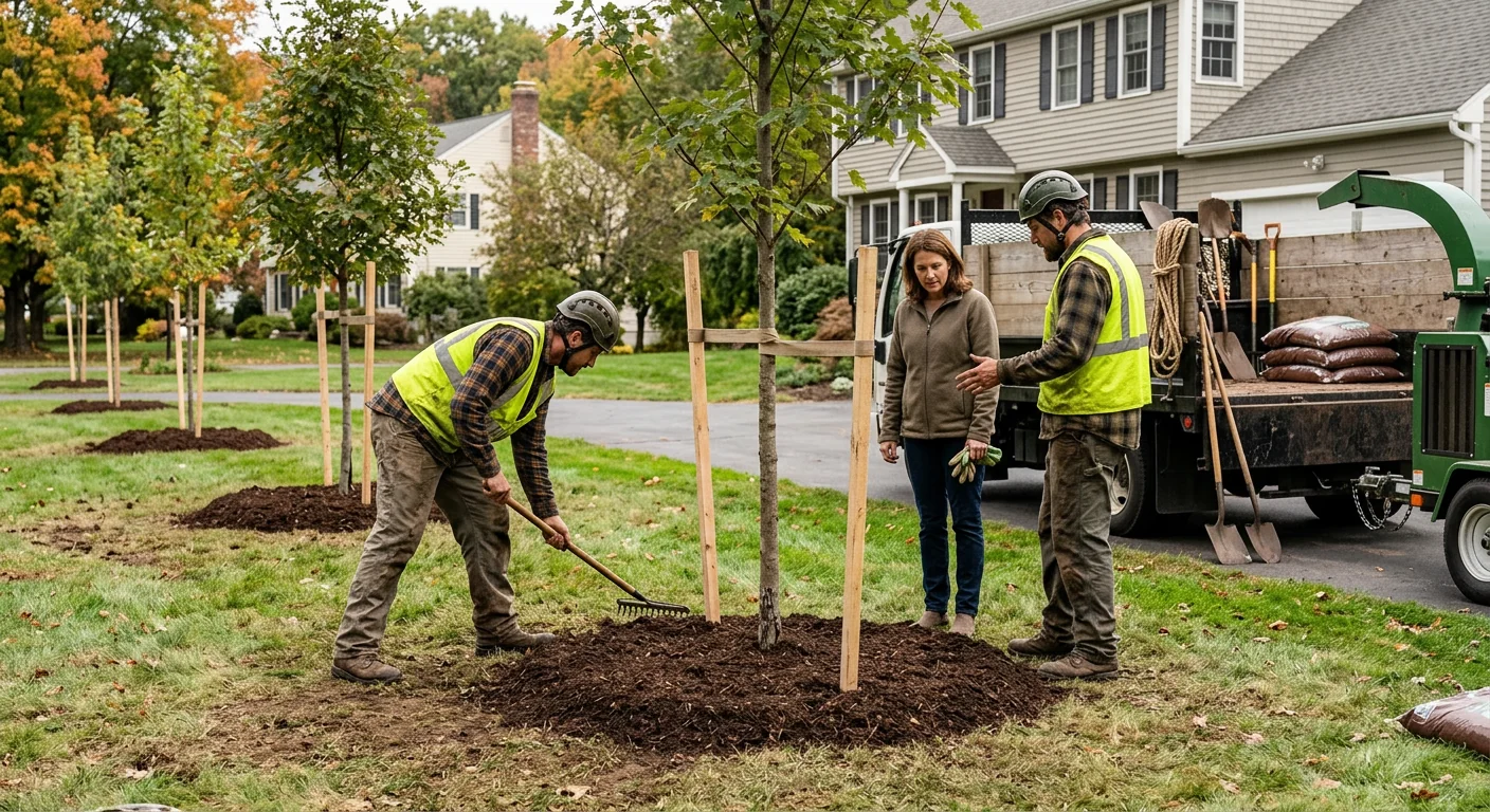Wide shot of a residential yard with newly planted shade trees and mulch rings