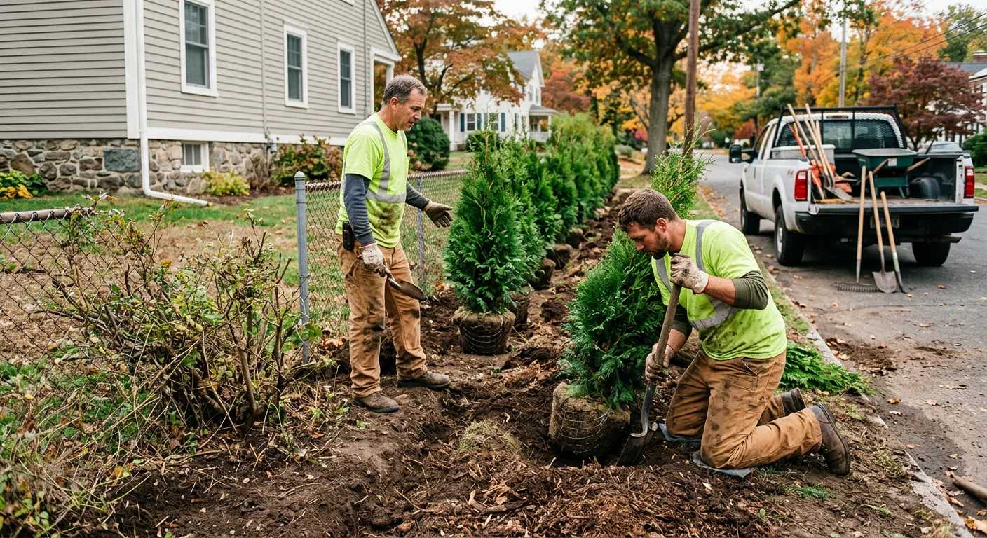 Row of young privacy screen trees planted along a property line