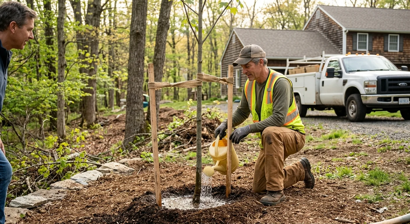 Arborist watering a newly installed sapling during establishment care
