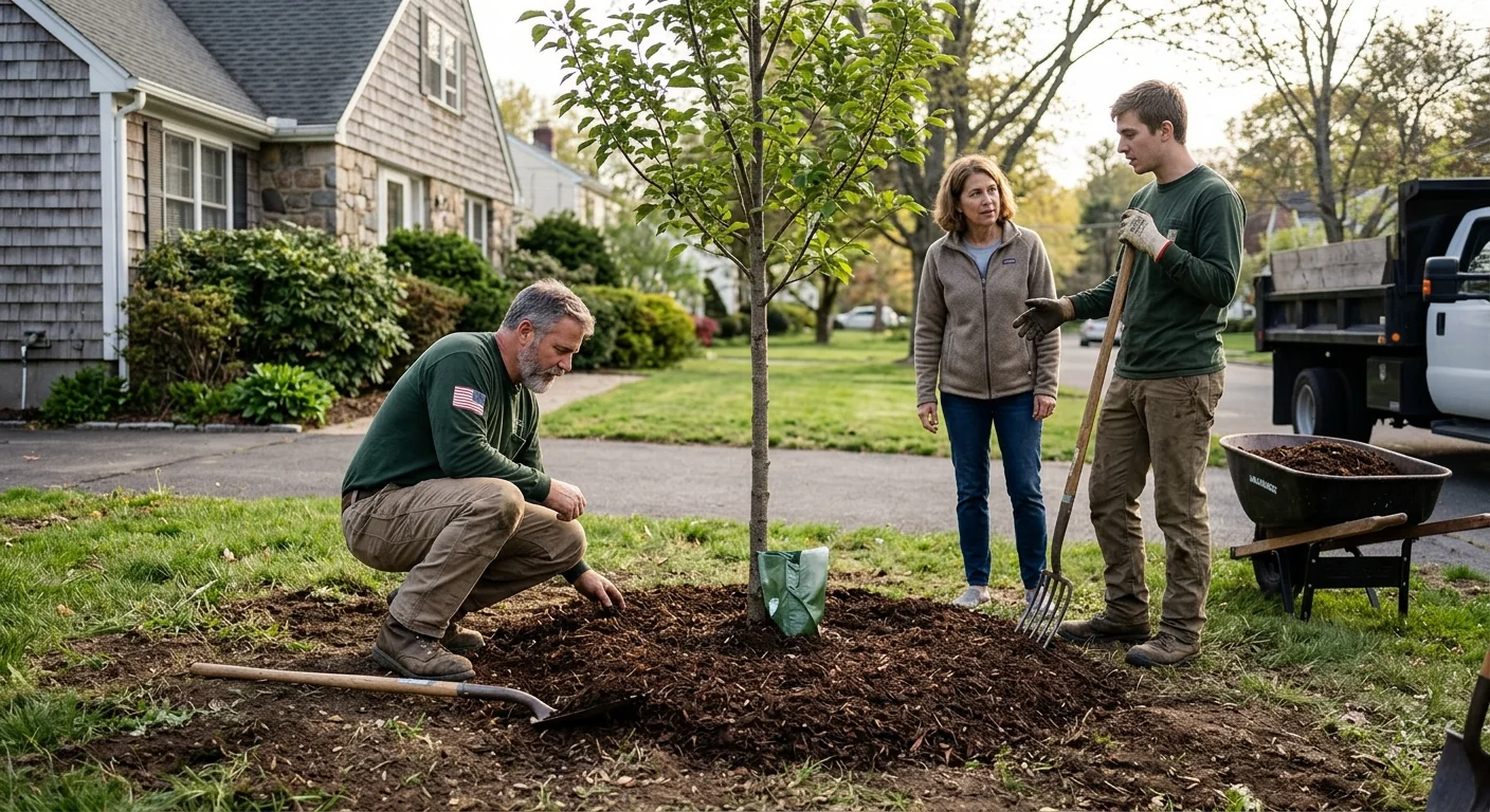 Finished front-yard planting with a young tree and fresh mulch