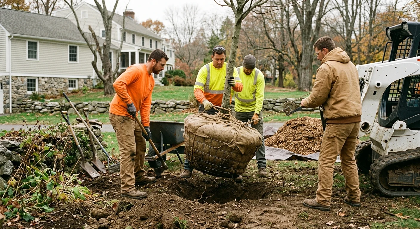Crew placing a balled and burlapped tree into a prepared hole