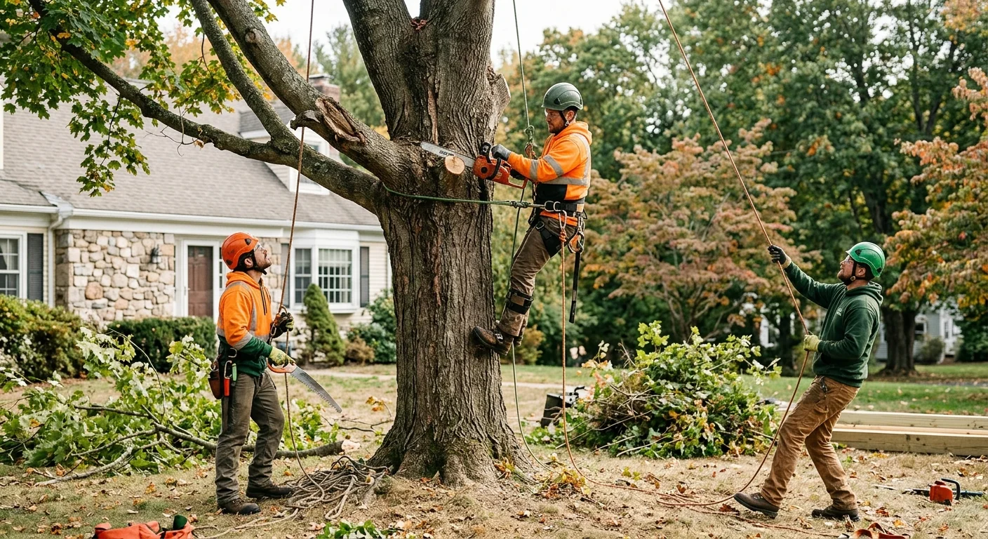 Arborist pruning a mature shade tree in a Cheshire backyard