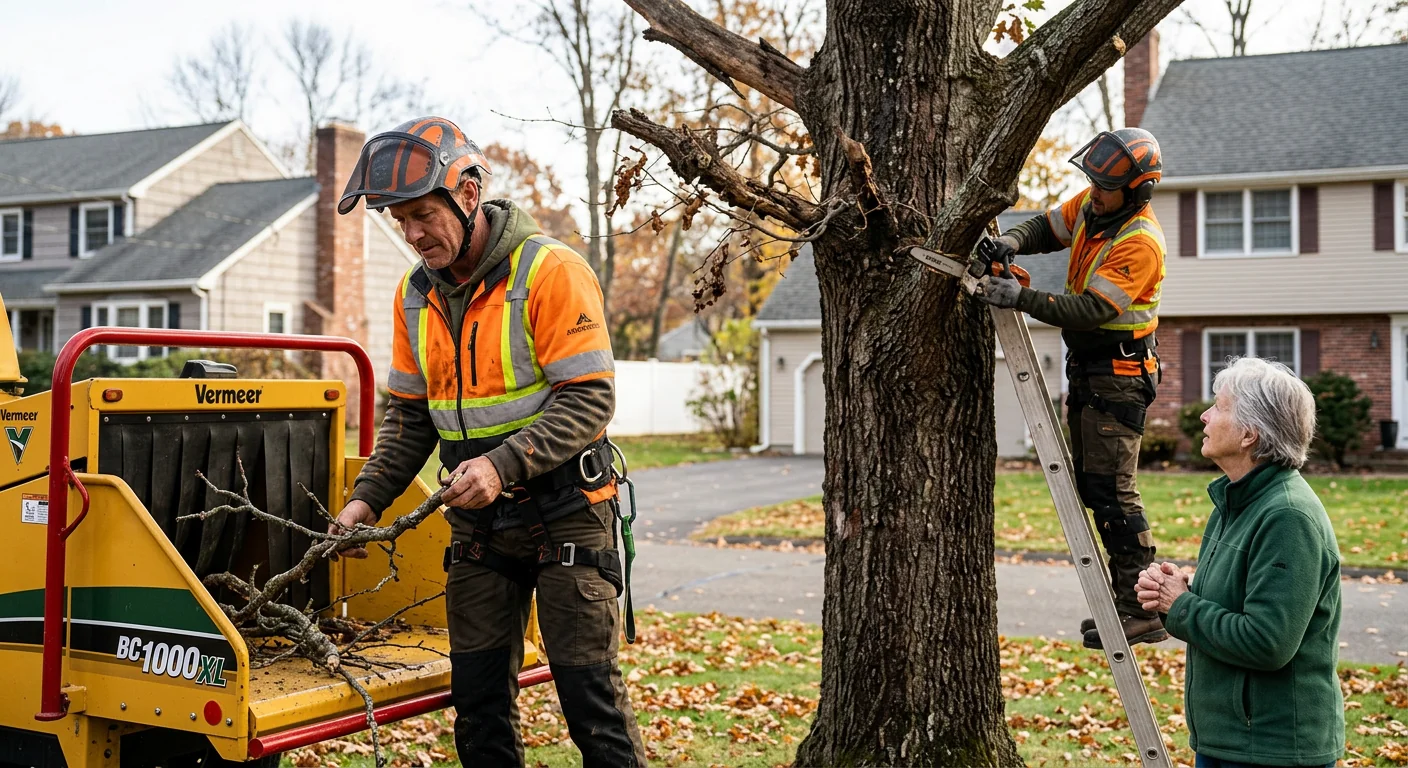 Arborist carefully pruning a mature shade tree in a residential Cheshire yard