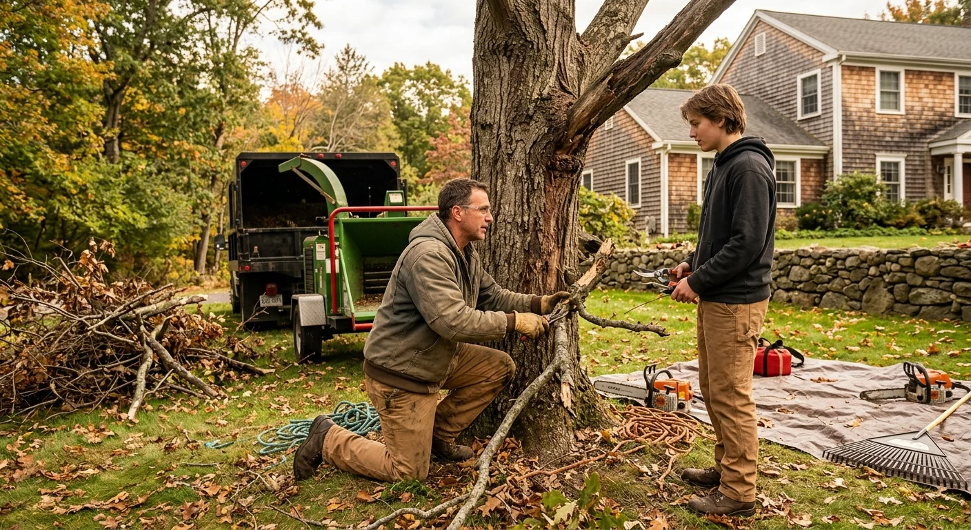 Arborist making a directional pruning cut on a mature Cheshire shade tree
