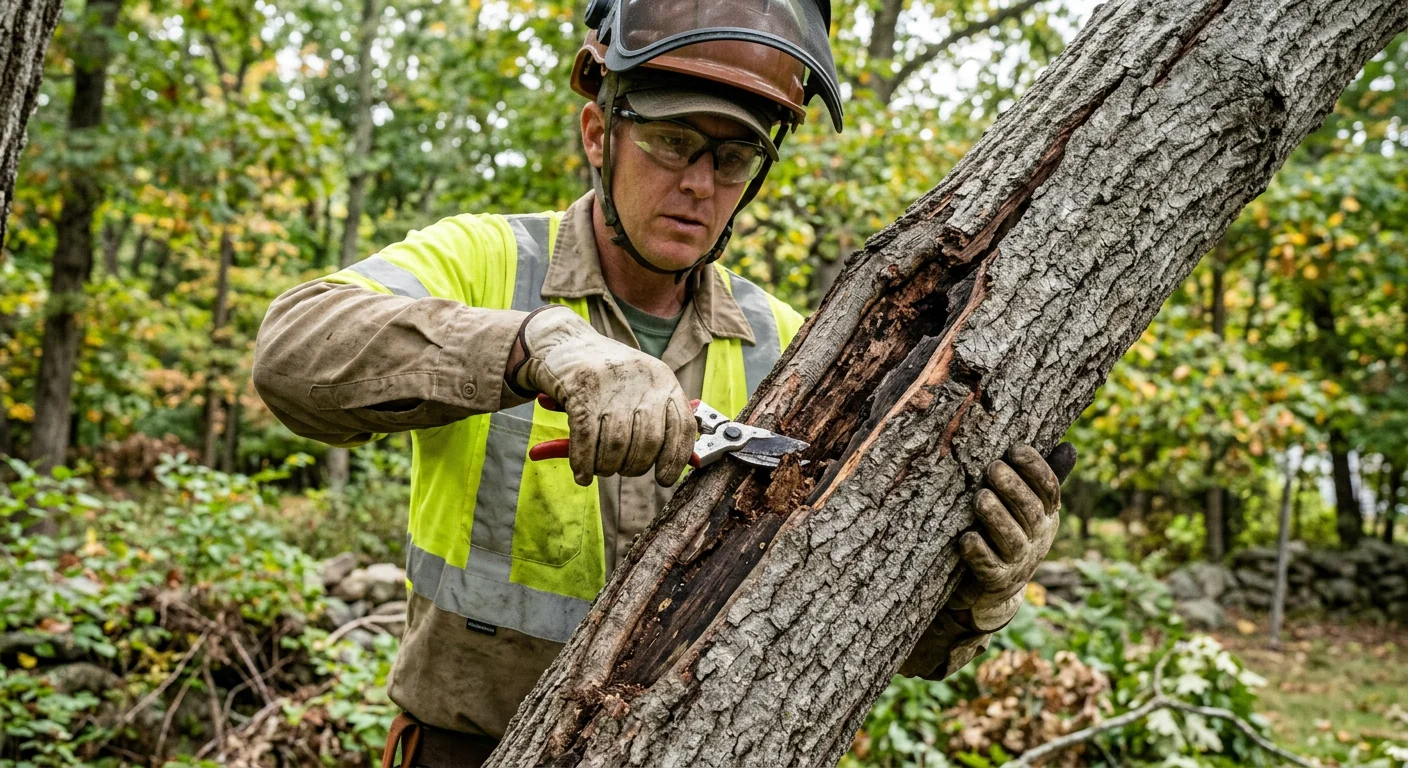 Close view of deadwood and a cracked branch union needing corrective pruning