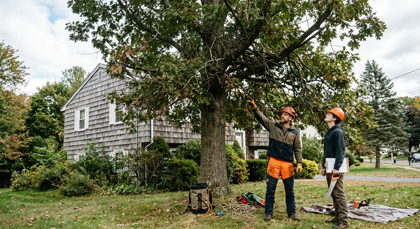 Overgrown tree before careful crown thinning on a residential lot
