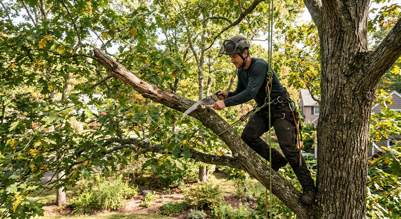 Arborist in climbing harness pruning high branches on a tall shade tree