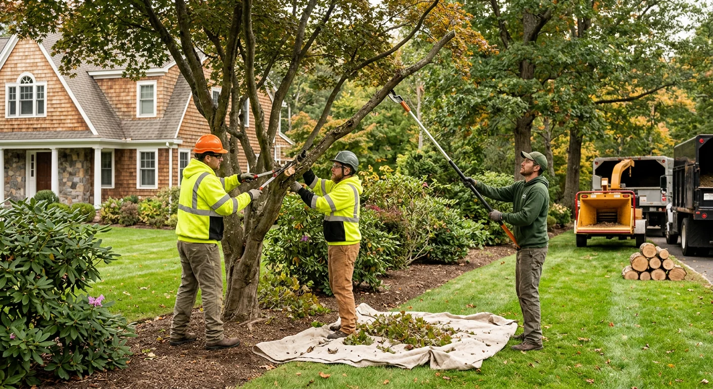 Reshaped ornamental tree along a tidy Cheshire property boundary