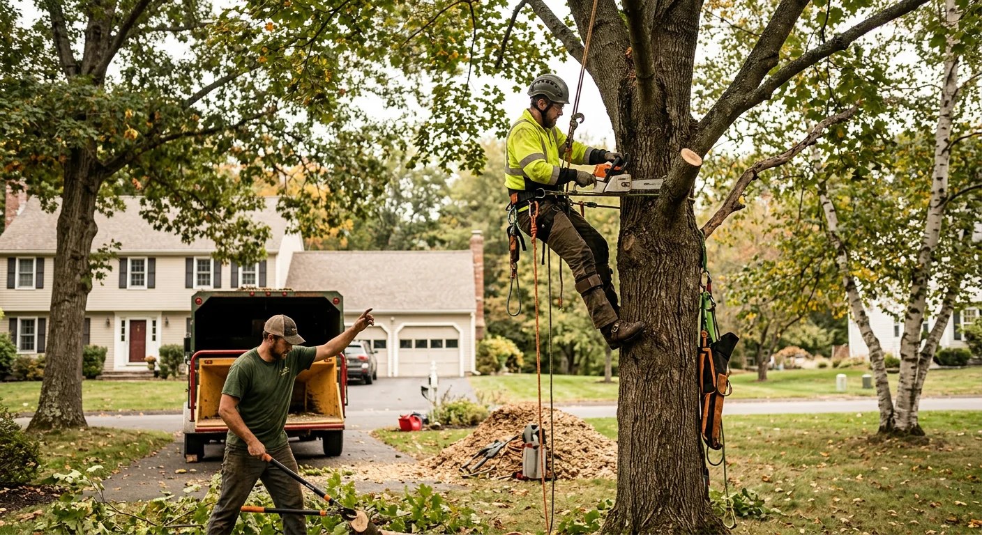 Arborist reviewing tree removal estimate with Cheshire homeowner in front yard