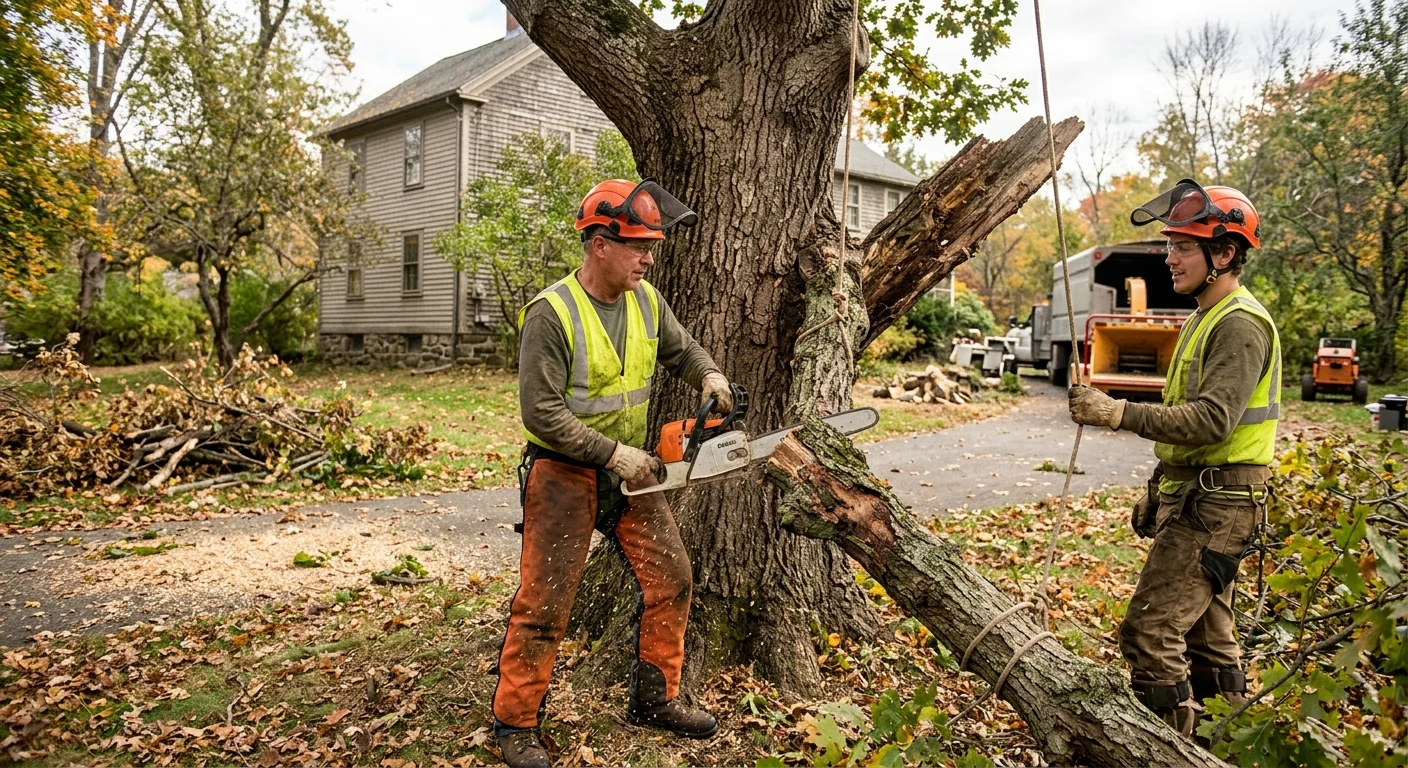 Tree service crew preparing to remove a large tree at a Cheshire home