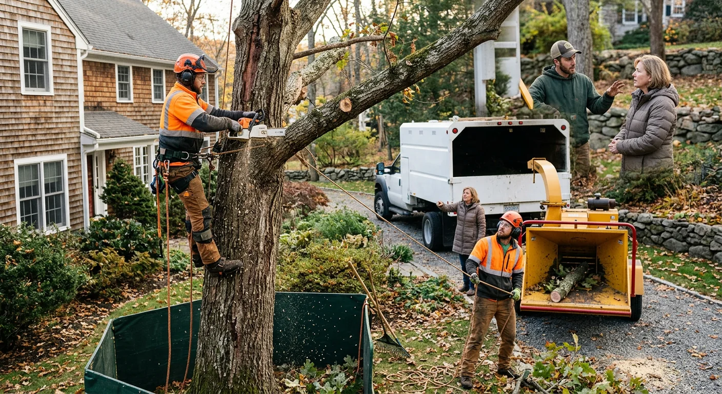 Tree service crew safely removing a large declining tree from a Cheshire yard