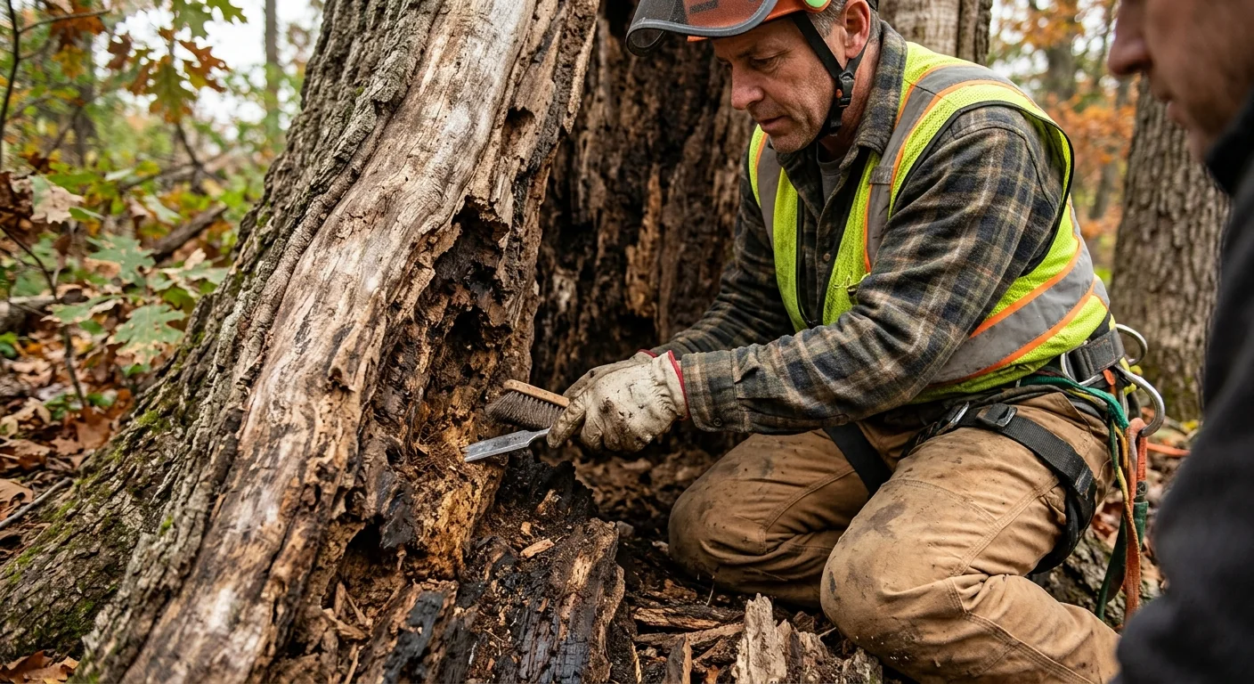 Arborist inspecting root heave and deadwood before a planned tree removal