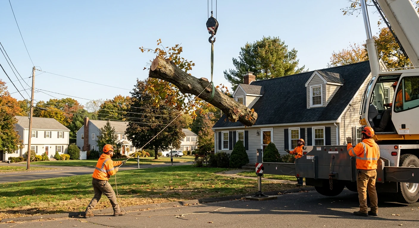 Crane lowering a large maple section over a Cheshire rooftop during removal