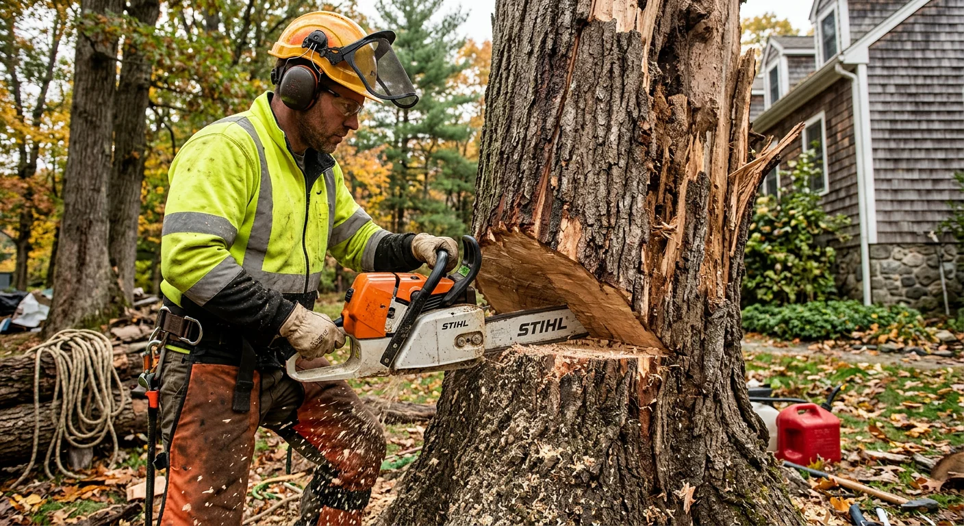 Close-up of an arborist making a precise felling cut on a storm-damaged trunk
