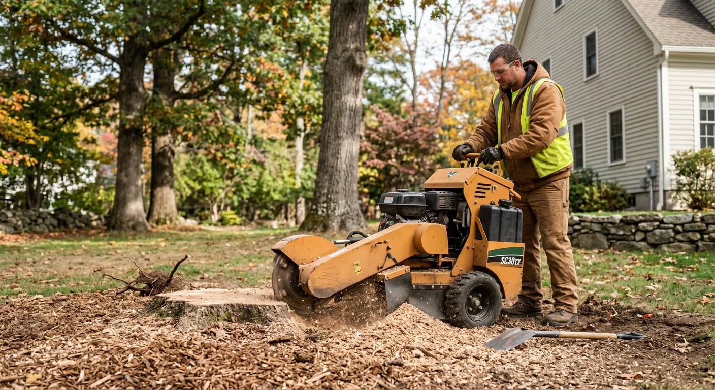 Stump grinder finishing a freshly ground stump in a backyard setting