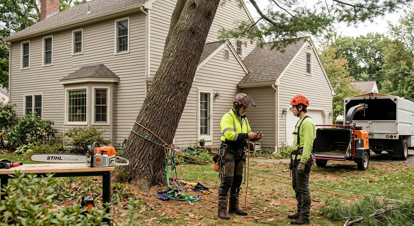 Leaning pine near a house before controlled sectional removal begins