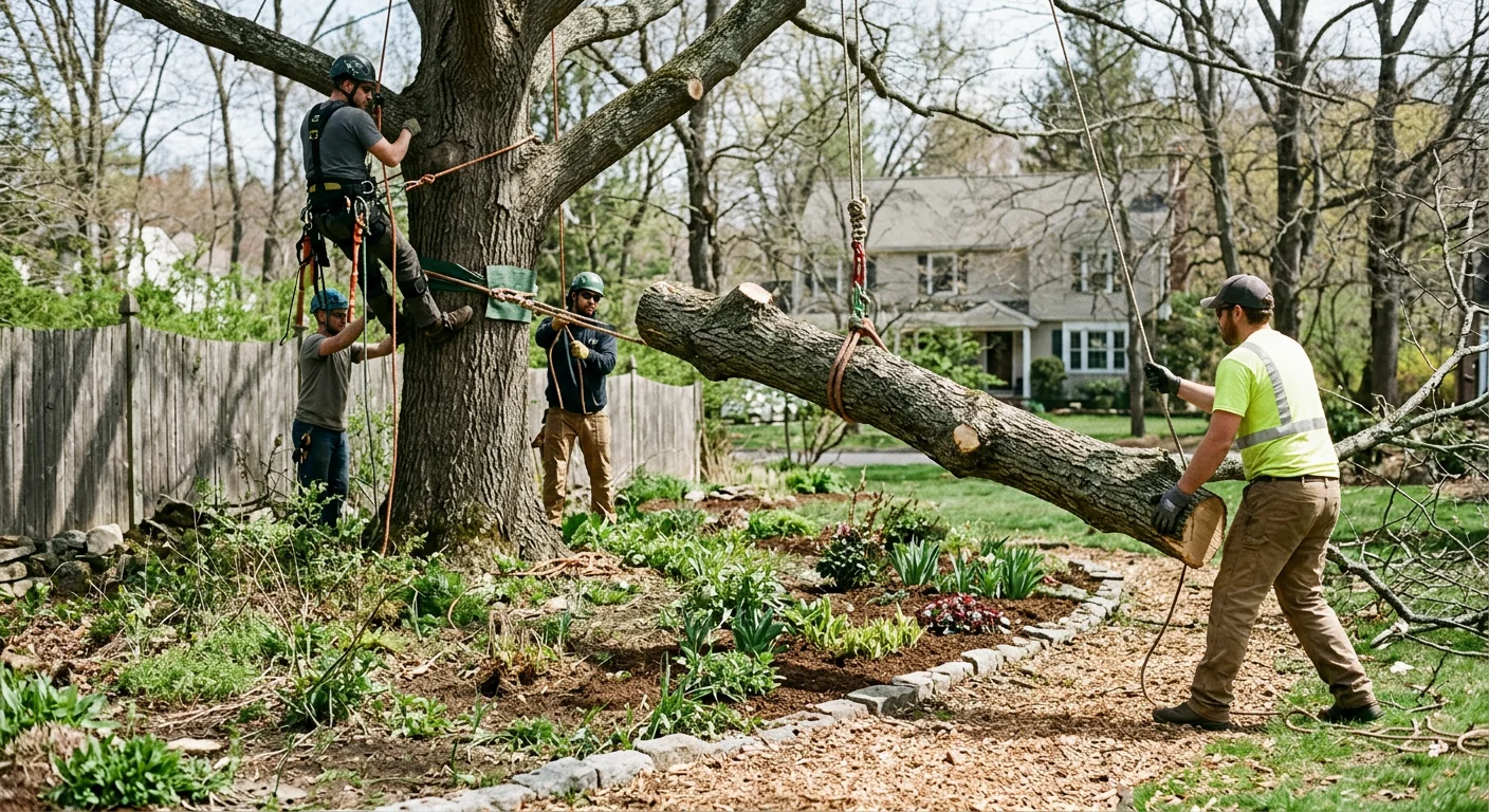 Crew rigging ropes to lower heavy limbs away from a garden bed