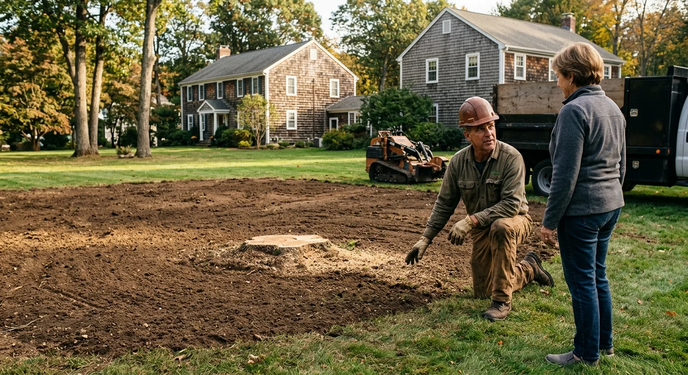 Finished residential lot showing open space where declining trees once stood