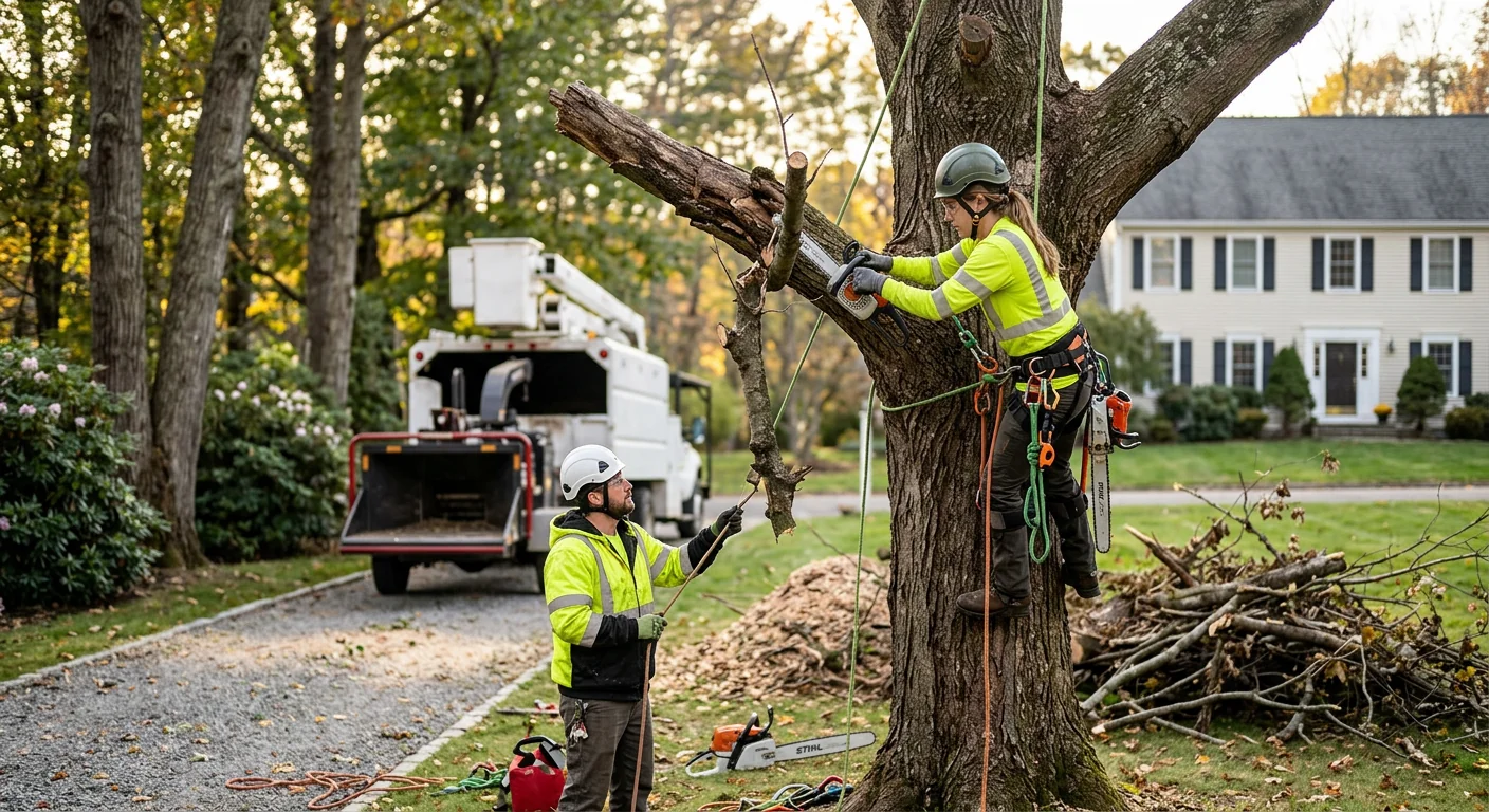 Arborist inspecting a mature tree trunk for decay in Cheshire