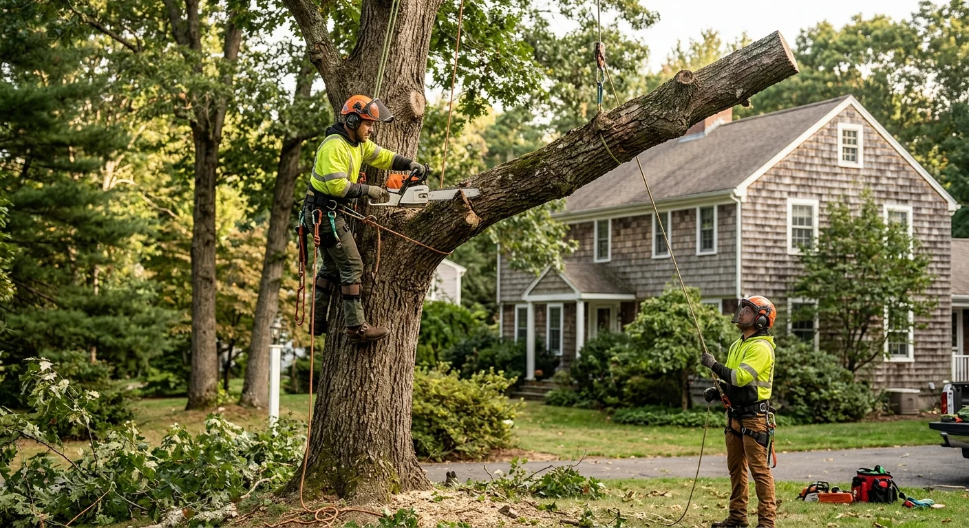Arborist inspecting a mature tree trunk for decay in a Cheshire yard