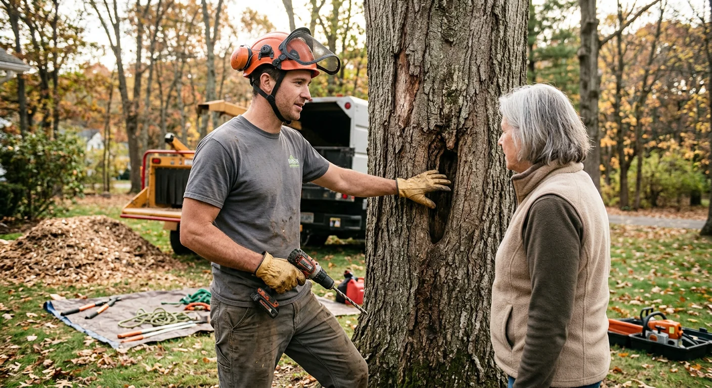 Cracked branch union and deadwood in a stressed residential tree