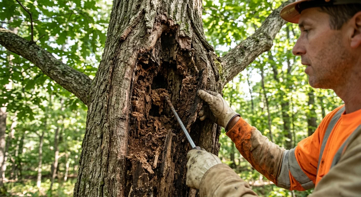 Close-up of decayed trunk cavity found during a tree inspection