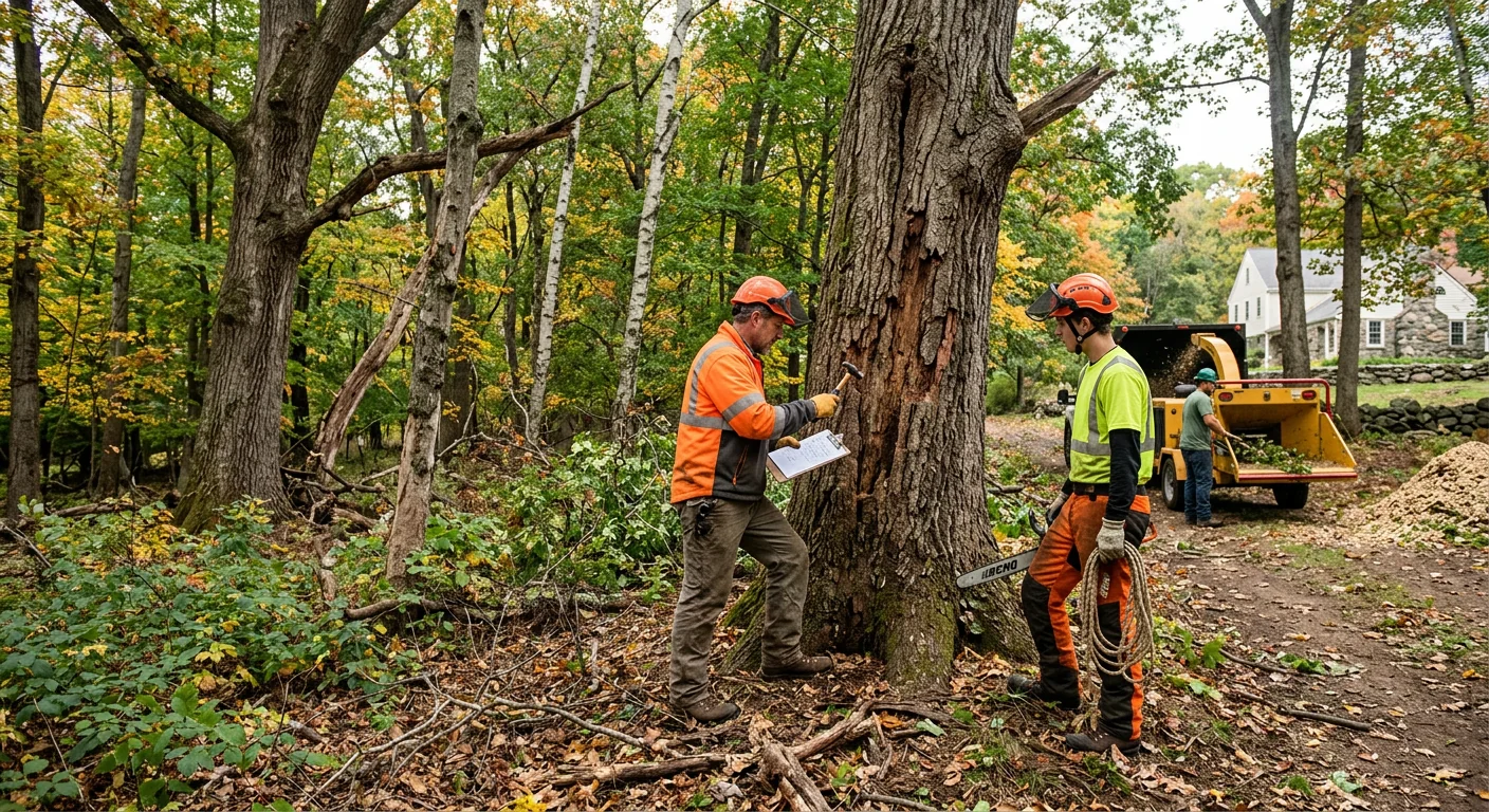 Wide shot of a wooded Cheshire lot with mature hardwoods being assessed
