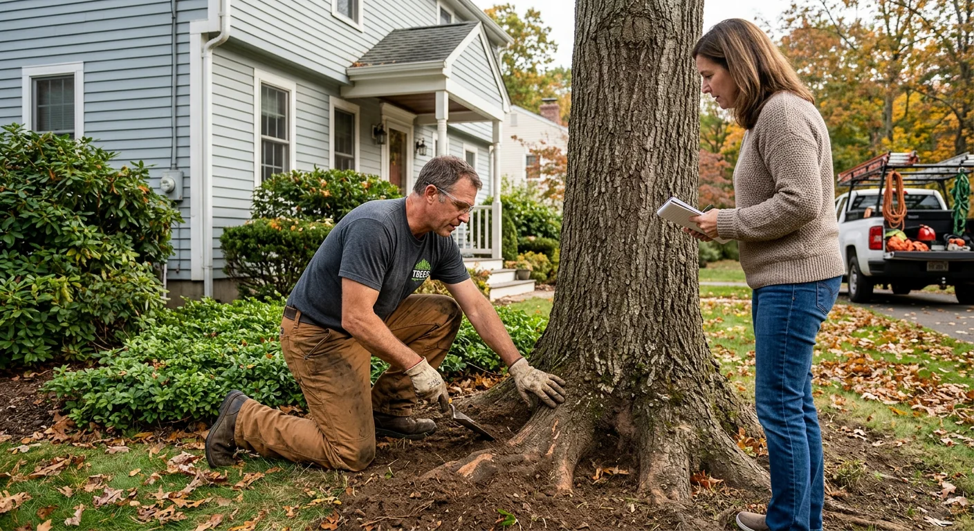 Arborist examining exposed root flare near a suburban home