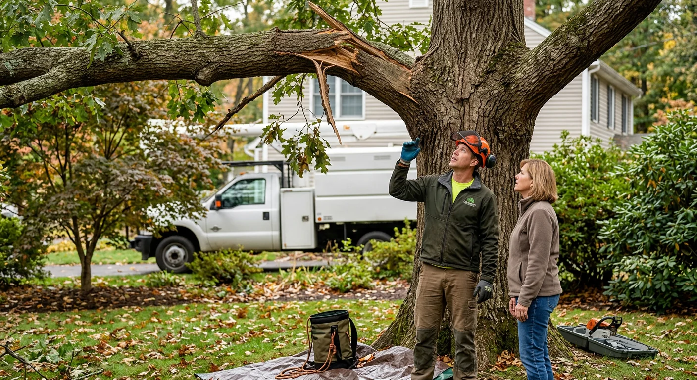 Storm-damaged oak with cracked leader awaiting corrective evaluation