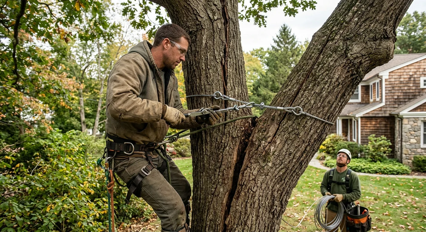 Steel cabling installed to stabilize a split branch union in a mature tree