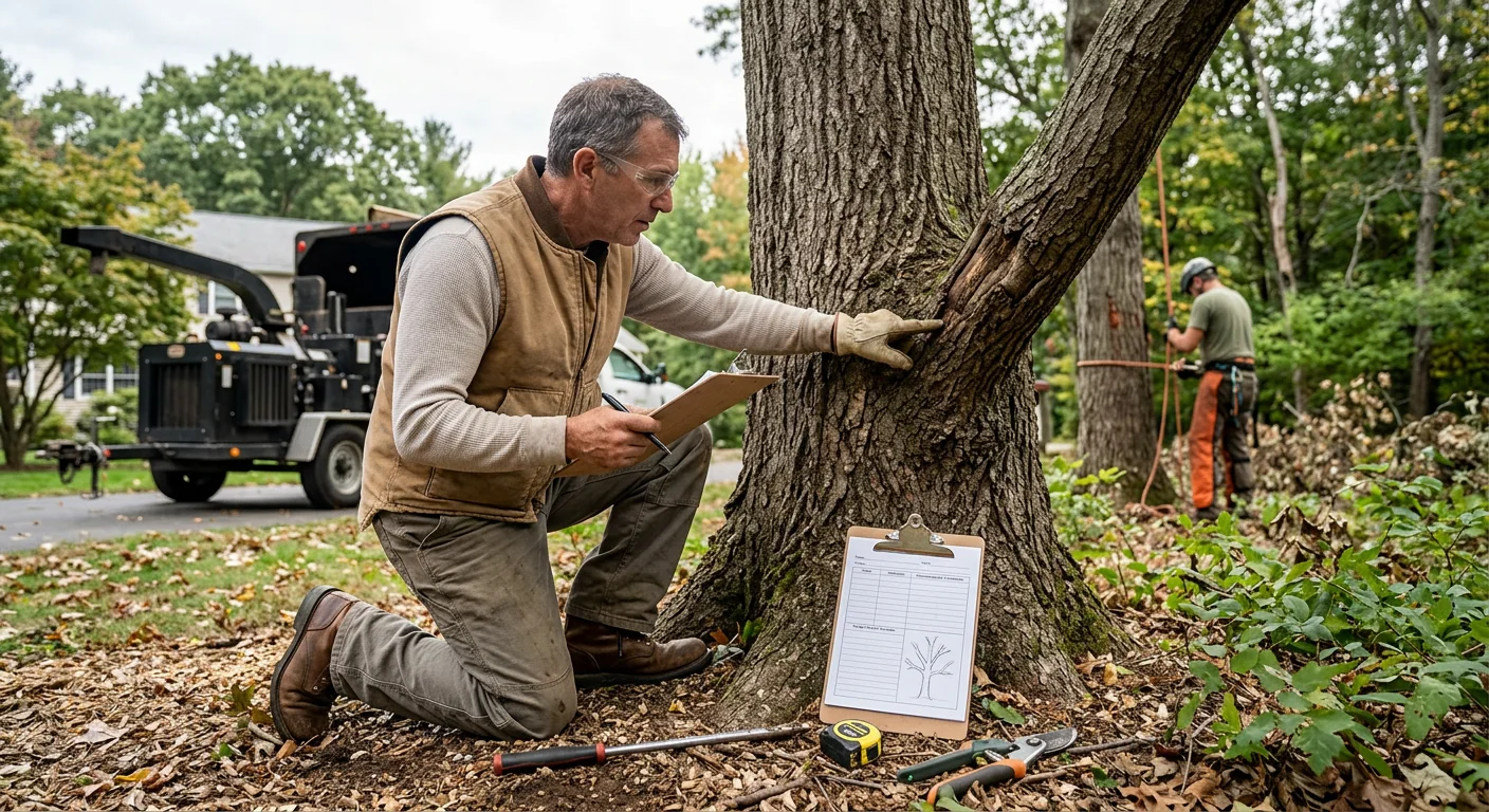 Documentation clipboard beside a large tree during on-site inspection