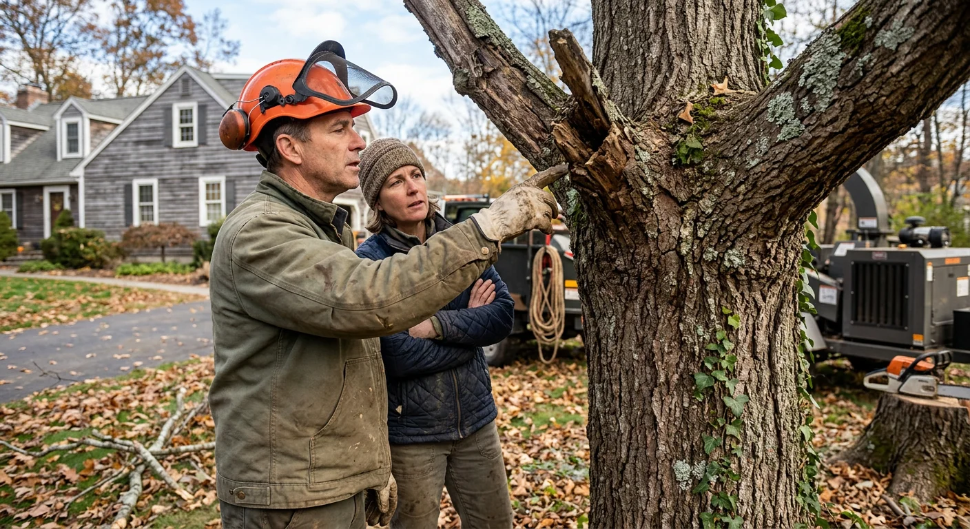 Arborist assessing tree canopy health during a restoration walkthrough at a Cheshire home