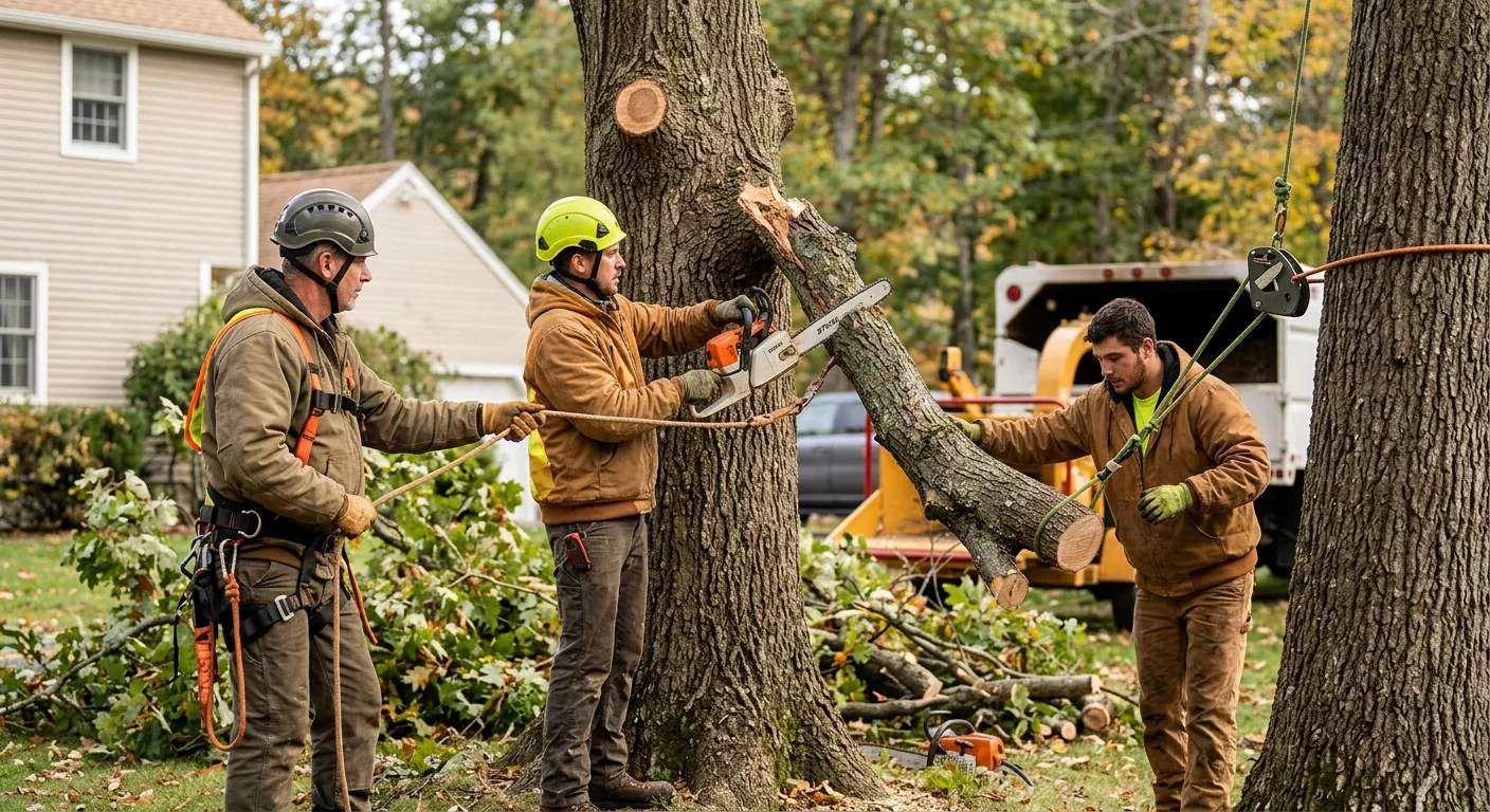 Cheshire arborist inspecting a storm-damaged hardwood before restorative pruning work begins