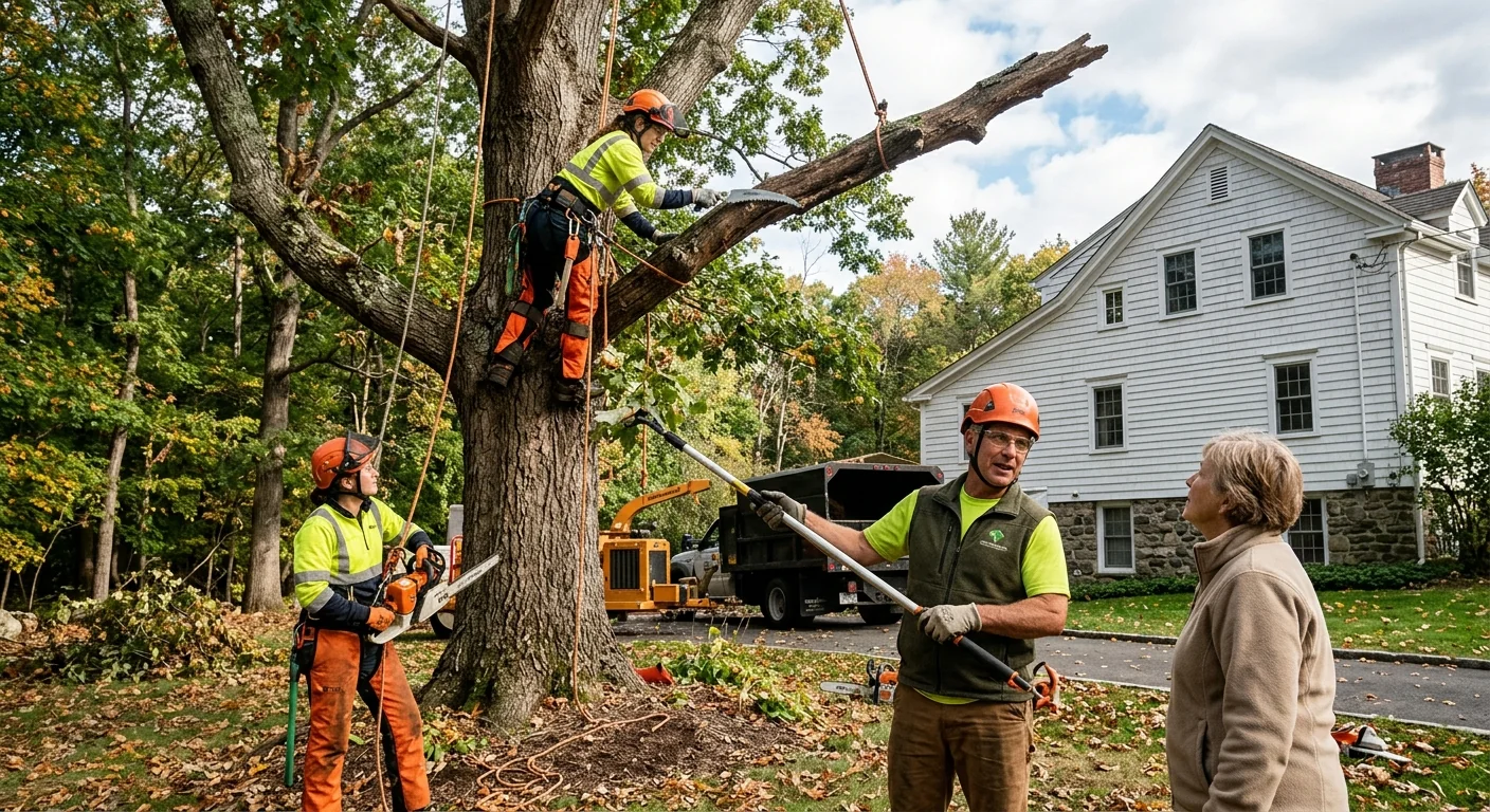 Tree crew reviewing a written estimate with a Cheshire homeowner beside restored trees