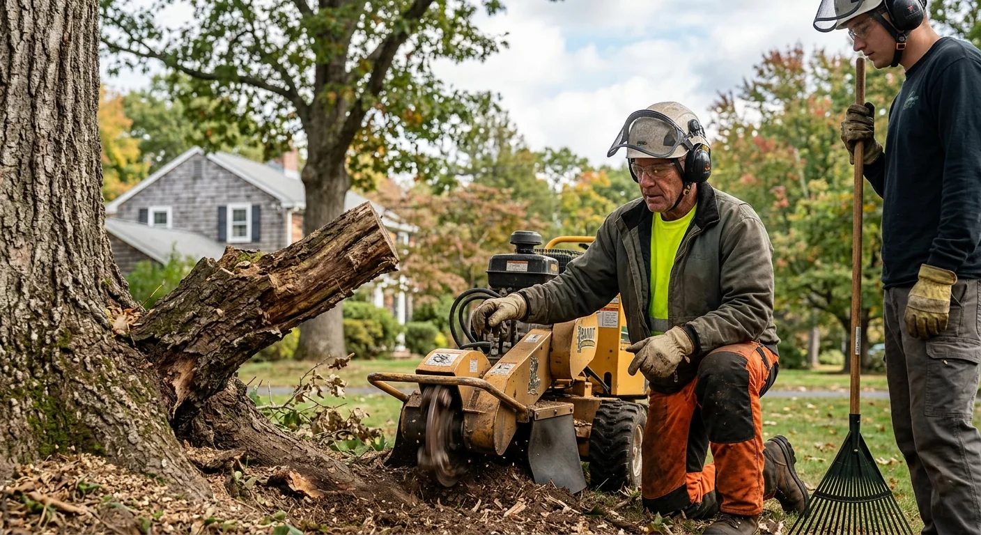 Tree service equipment and rigging staged for storm cleanup on a Cheshire property