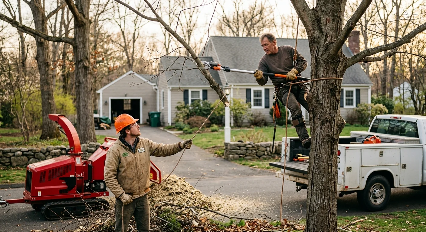 Arborist reviewing a tree removal estimate with a homeowner in a Cheshire yard