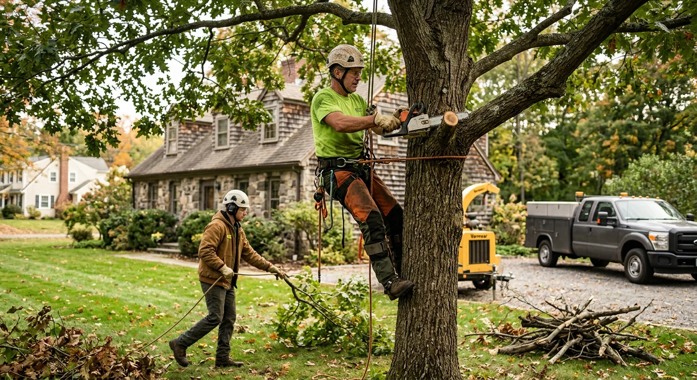 Tree service crew reviewing a written estimate with a homeowner outside a Cheshire home