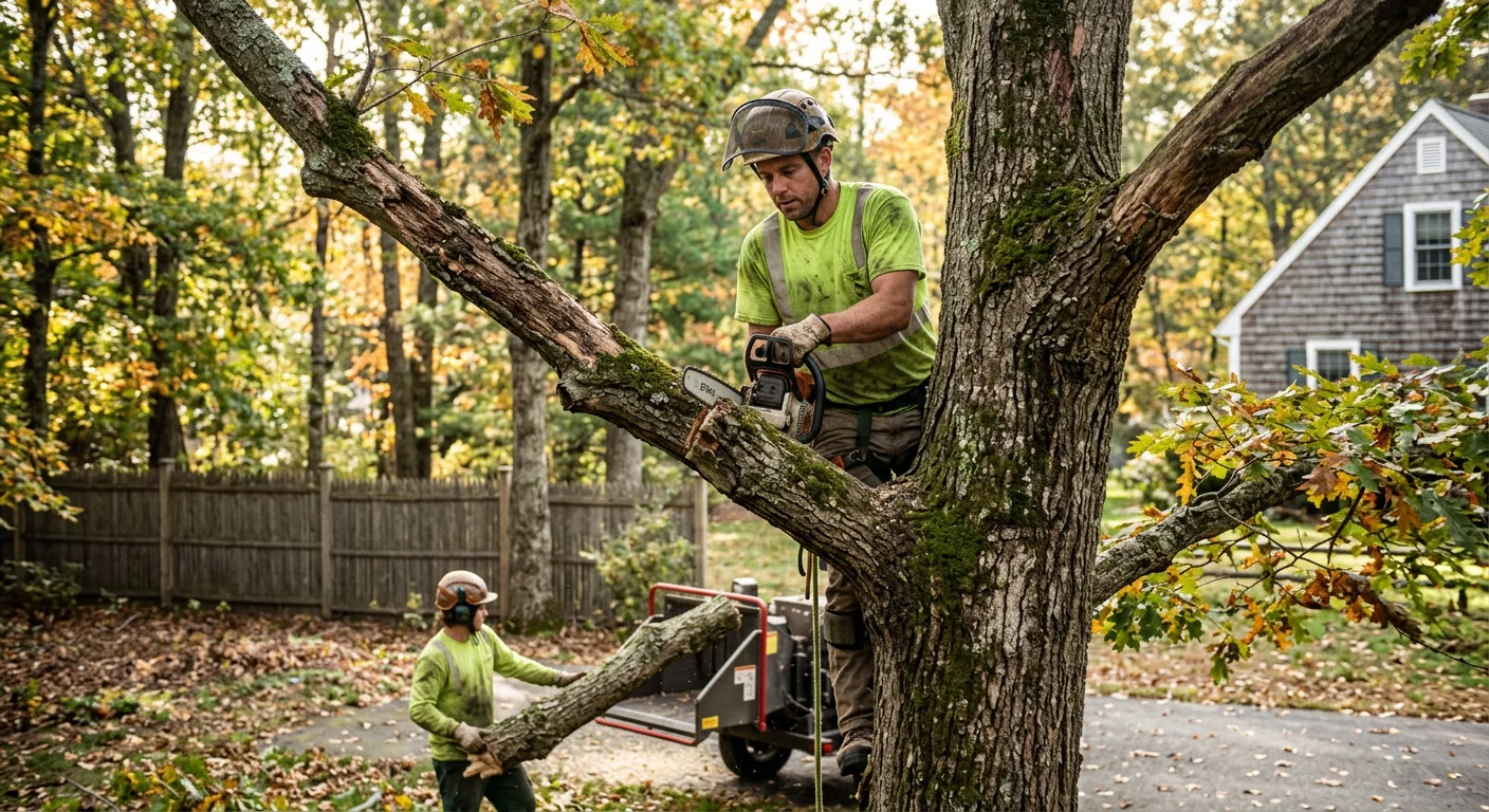 Crew grinding a stump and clearing brush during yard restoration cleanup