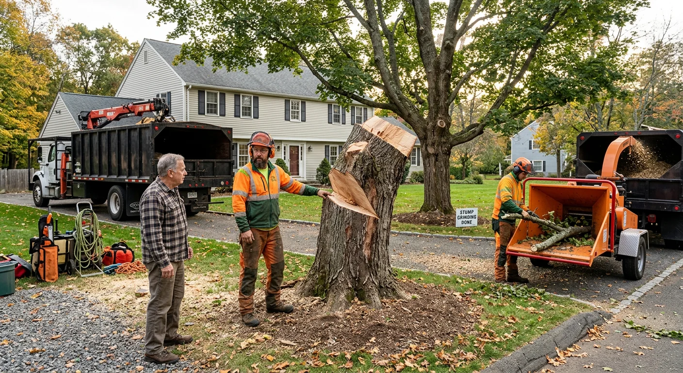 Arborist performing rope-assisted tree removal on a Cheshire residential property