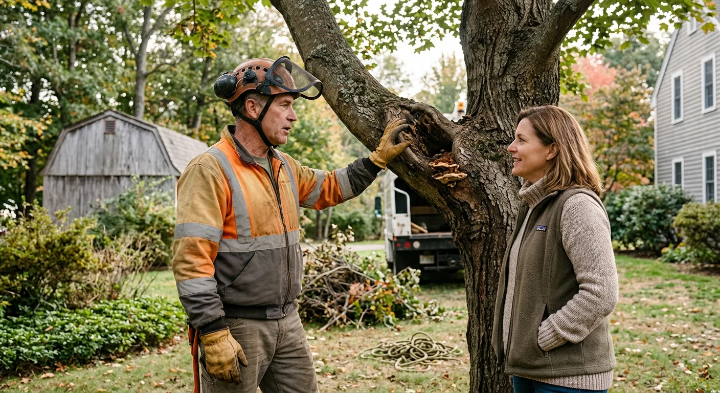 Tree service crew reviewing safety gear and rigging before work on a Cheshire property